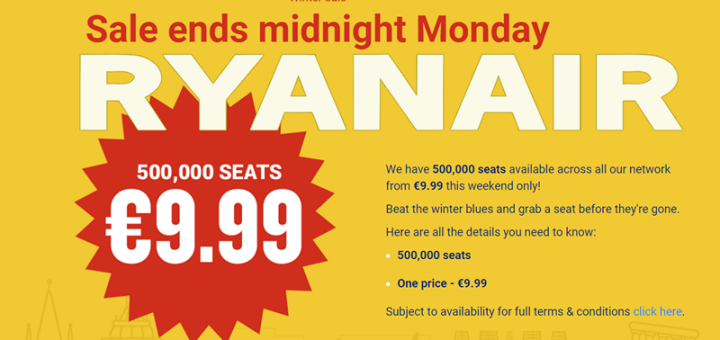 Зимняя распродажа Ryanair: 500 000 авиа билетов по Европе от 9,99€!