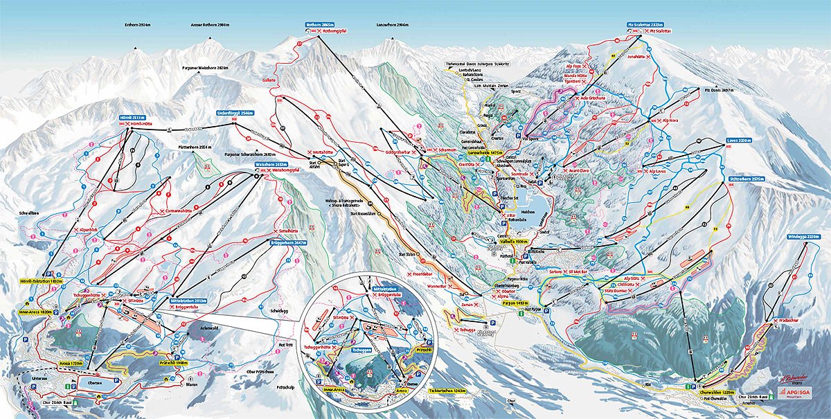 Карта трасс лыжного региона: «Lenzerheide/Arosa«. В общем — 225 км. трасс. Высота (1230 м — 2865 м).