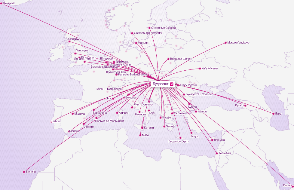 Интерактивная карта полётов Wizz Air из Будапешта